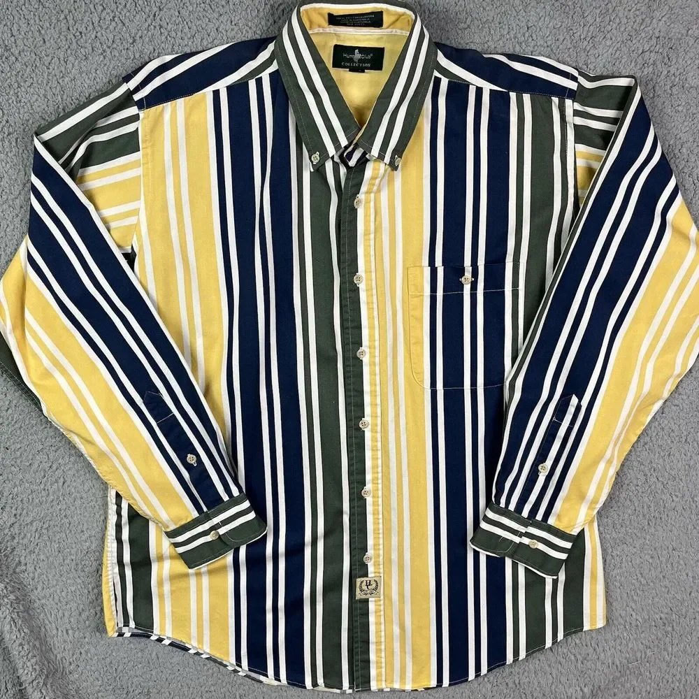 Vintage Hunt Club Men's Shirt Size Large Vertical Striped‎ 90s Bright Multicolor